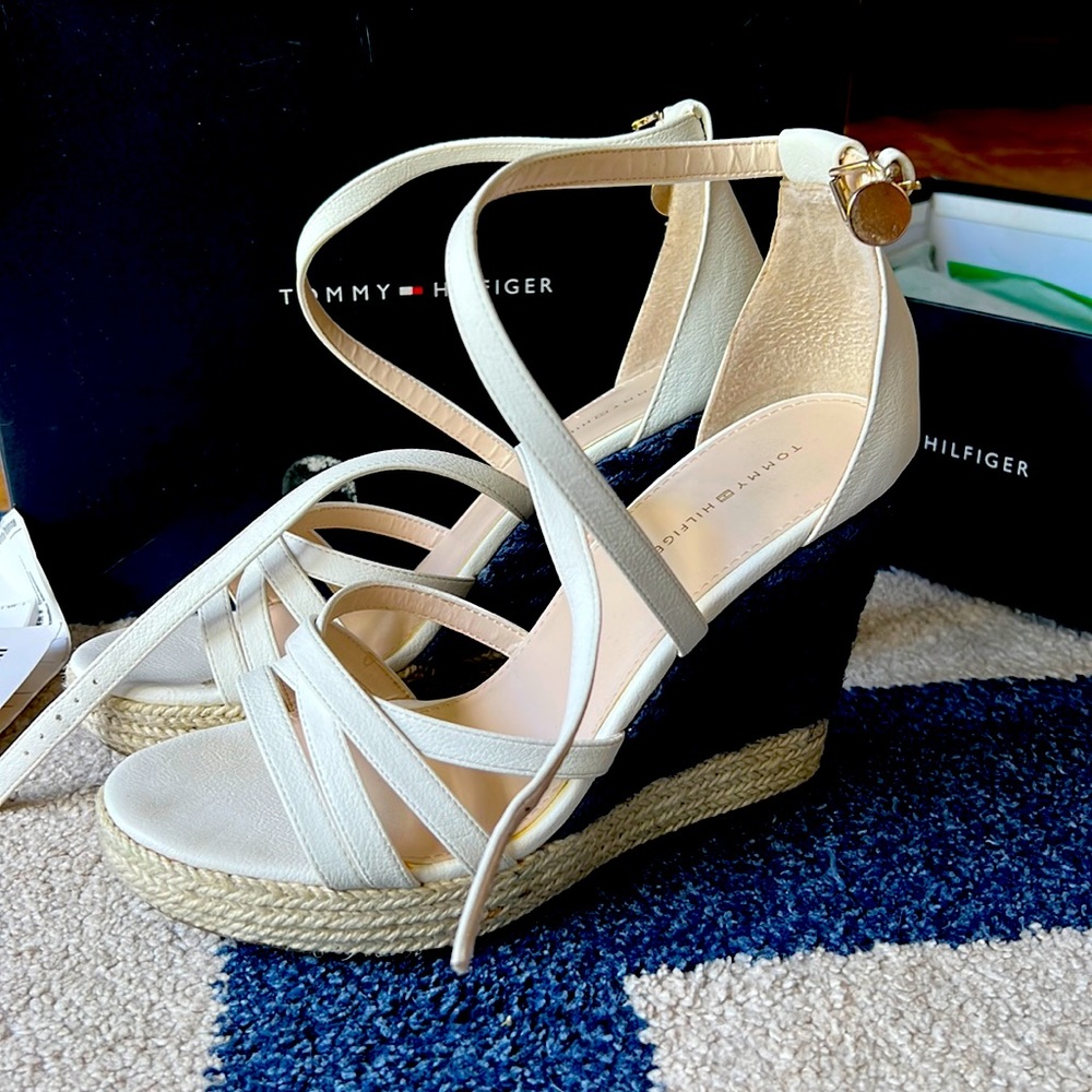 Blue and white wedge espadrilles.size 8.5 worn once.